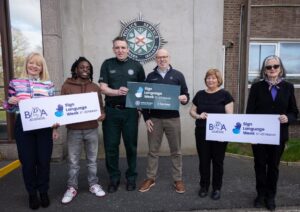 Pictured at the launch of the new video relay service are Majella McAteer, British Deaf Association NI Manager; Emmanuel Ofori, service user; Chief Superintendent Stephen Murray, Local Policing; Barry Campbell, Customer Success Manager, SignVideo; Colette McMahon, British Deaf Association and Geraldine Davison Gray, service user.