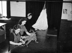 Barn Mill, Carrickfergus. Shown here is the manufacture of fake parachutists in Barn Mill, Carrickfergus on 27th September 1944.
