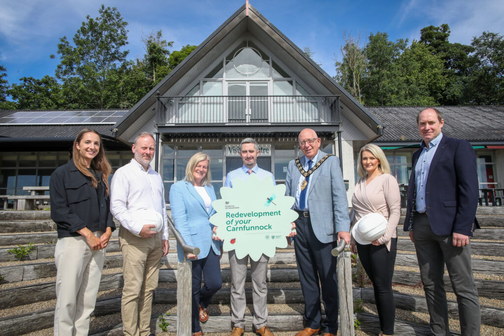 To mark the beginning of the £6.1m refurbishment of Carnfunnock Park, the Mayor of Mid and East Antrim, Councillor Jackson Minford is joined by funders and the project team (l-r) Ruth McNickle, Hall, Black and Douglas Architects, Darren McKelvey, McKelvey Construction, Jenny Martin and Ryan Donaghy of the Ministry of Housing, Communities and Local Government, Terina McDermott, McKelvey Construction and Barry Coleman, Currie and Brown.