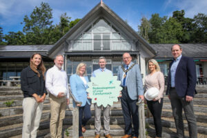 To mark the beginning of the £6.1m refurbishment of Carnfunnock Park, the Mayor of Mid and East Antrim, Councillor Jackson Minford is joined by funders and the project team (l-r) Ruth McNickle, Hall, Black and Douglas Architects, Darren McKelvey, McKelvey Construction, Jenny Martin and Ryan Donaghy of the Ministry of Housing, Communities and Local Government, Terina McDermott, McKelvey Construction and Barry Coleman, Currie and Brown.