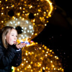Night-time shot of Antrim Castle Gardens with lights, funfair rides and illuminated trees.