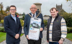 Mayor of Mid and East Antrim, Councillor Jackson Minford and Chair of the Memorial Committee, Councillor Peter Johnston, with Matthew McCallion (Mid and East Antrim Borough Council’s GIS Officer) who developed Council’s new War Memorials and Monuments interactive website.