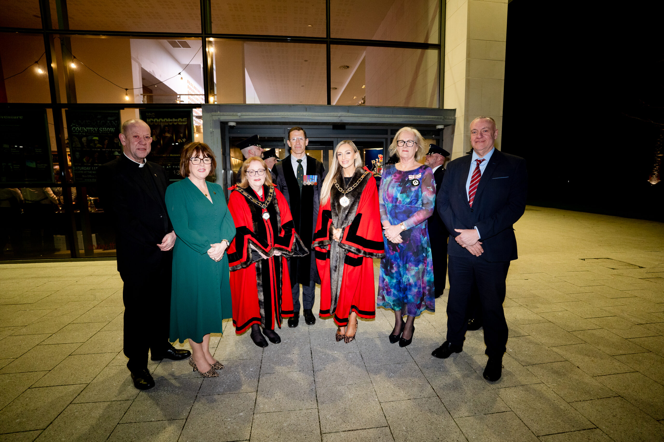 Mayoral Party (L-R) Fr Ciaran Dallat; Director General, Beverley Wall; Deputy Mayor, Councillor Julie Gilmour; Chief Executive, Richard Baker GM; Mayor, Councillor Leah Kirkpatrick; Deputy Lieutenant, Mrs Pauline Shields OBE; Director of Prisons, David Kennedy