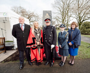 (L-R) Director of Prisons, David Kennedy; Mayor of Antrim and Newtownabbey, Councillor Leah Kirkpatrick; Lord-Lieutenant for County Antrim, Mr David McCorkell KStJ and Cadet; Director General, Beverley Wall pictured at a Commemorative Service held at Ballyclare War Memorial Park.
