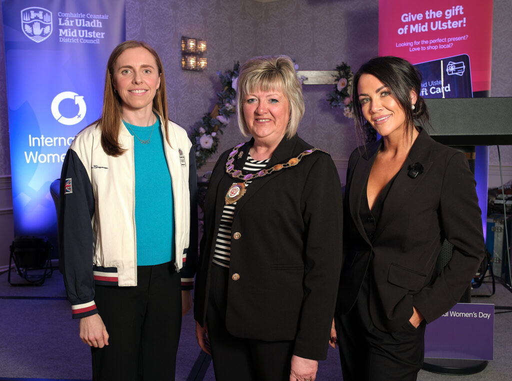 Chair of the Council, Councillor Frances Burton, is pictured at the Council’s International Women’s Day event last night at The Valley Hotel, Fivemiletown with speakers Rebecca Edwards (BEM OLY) and Grainne McCoy.