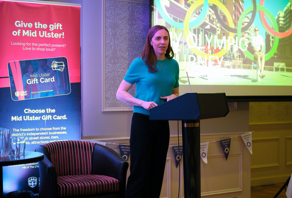 Rebecca Edwards (BEM OLY) is pictured addressing guests at the Council’s International Women’s Day event at The Valley Hotel, Fivemiletown last night.