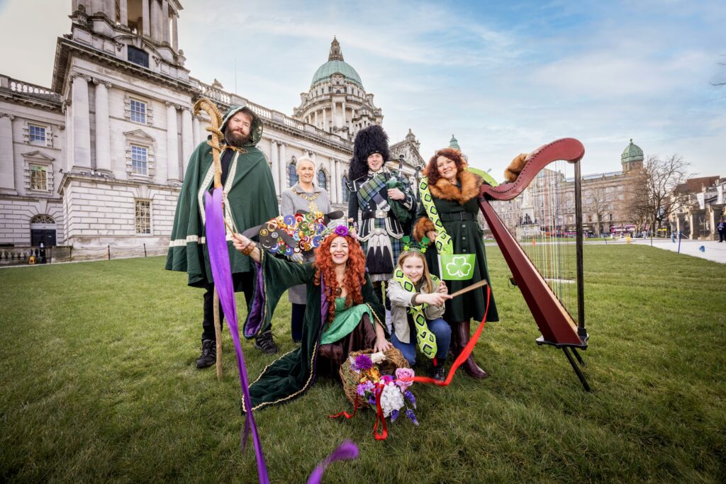 Natasha Wilton as Mabon and Mathew Curran as St Patrick join Lord Mayor of Belfast, Councillor Tracy Kelly, piper Matthew Wilson from Campbell College Pipe Band, harpist Ursula Burns and Willow Mulholland to launch Belfast’s St Patrick’s Day programme. The city’s rich musical heritage and diversity will take centre stage for 17 days of events and activities, including the annual St Patrick’s Day Parade on Tuesday 17 March, concerts, céilis and taster sessions celebrating traditional music from 13-17 March, Spraoi Cois Lao, an Irish language fun day on Saturday 7 March, ticketed performances, free family entertainment at St George’s Market and a trad trail in venues across the city.