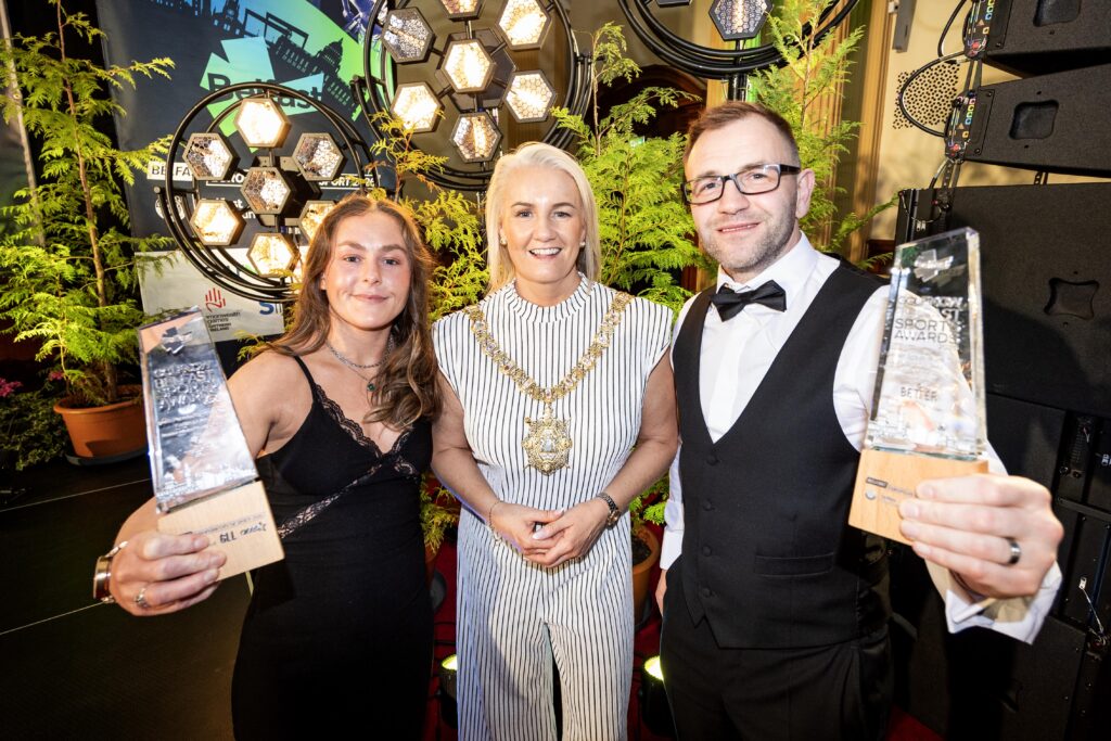 Group photograph of the winners at the 2026 GolfNow Belfast Sports Awards.