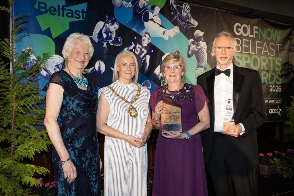 The family of the late Kevin Morgan from Olympian Triathlon Club, accepting his posthumous induction into the Belfast City Council Sporting Hall of Fame.