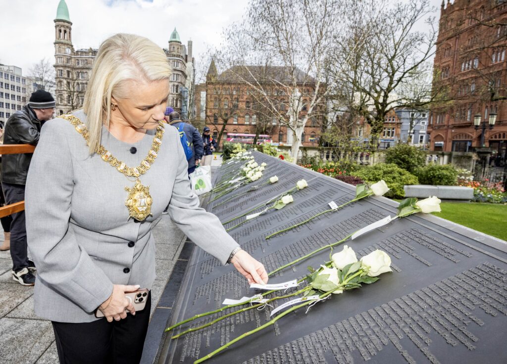 Lord Mayor, Councillor Tracy Kelly views white roses left on the Titanic Memorial in the grounds of Belfast City Hall, following the Titanic Commemoration Service.

The annual event, organised by Belfast Titanic Society, remembers the lives of the 1,512 people who perished at sea in the early hours of 15 April 1912.