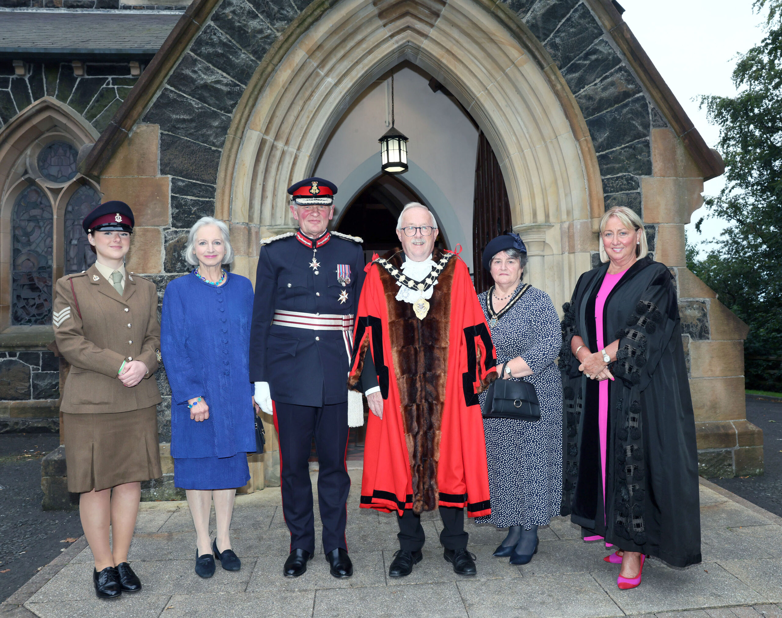 Attending a civic service at St Patrick's Church, Ballymena are: Cadet Abigail; Mrs Sue McCorkell; Lord Lieutenant of County Antrim, Mr David McCorkell; Mayor of Mid and East Antrim, Alderman Thomas Gordon; Mayoress Gordon; Valerie Watts, Interim Chief Executive of Mid and East Antrim Borough Council
